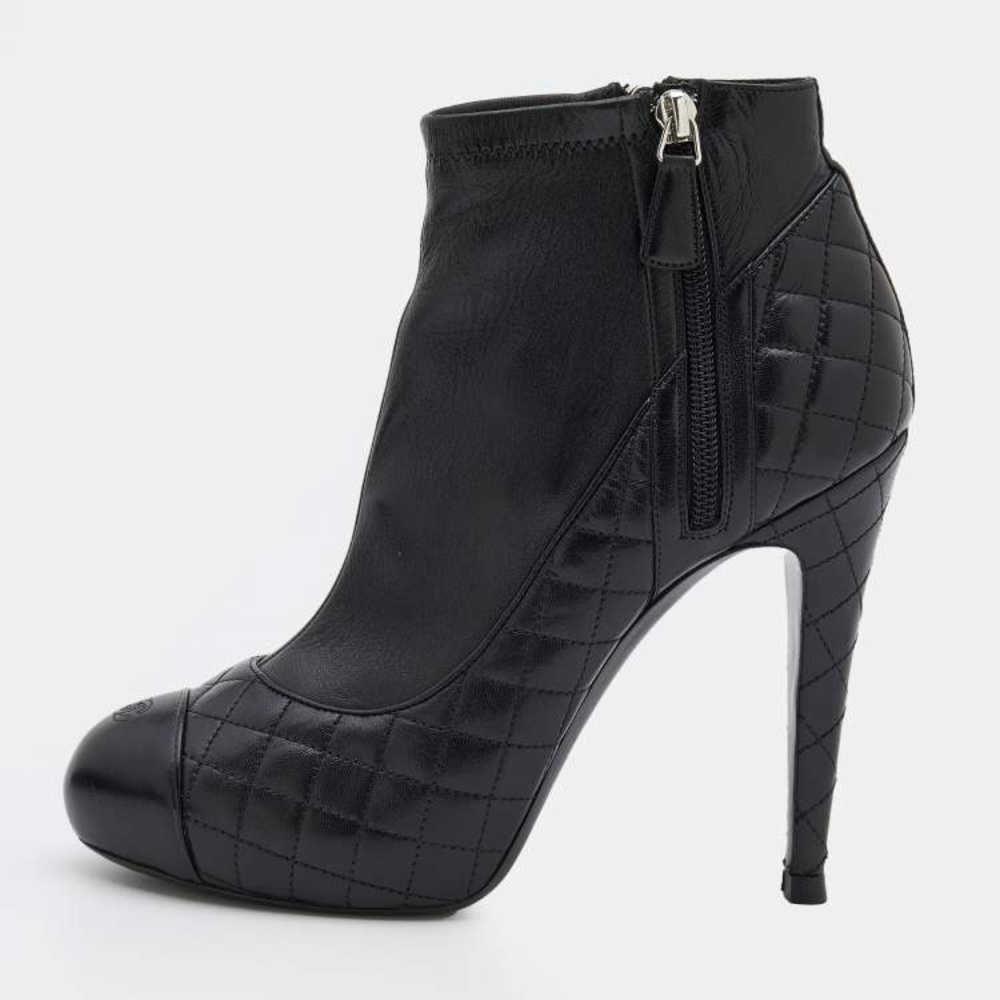Chanel
Chanel Black Quilted Leather CC Cap Toe Platform Ankle Length Boots